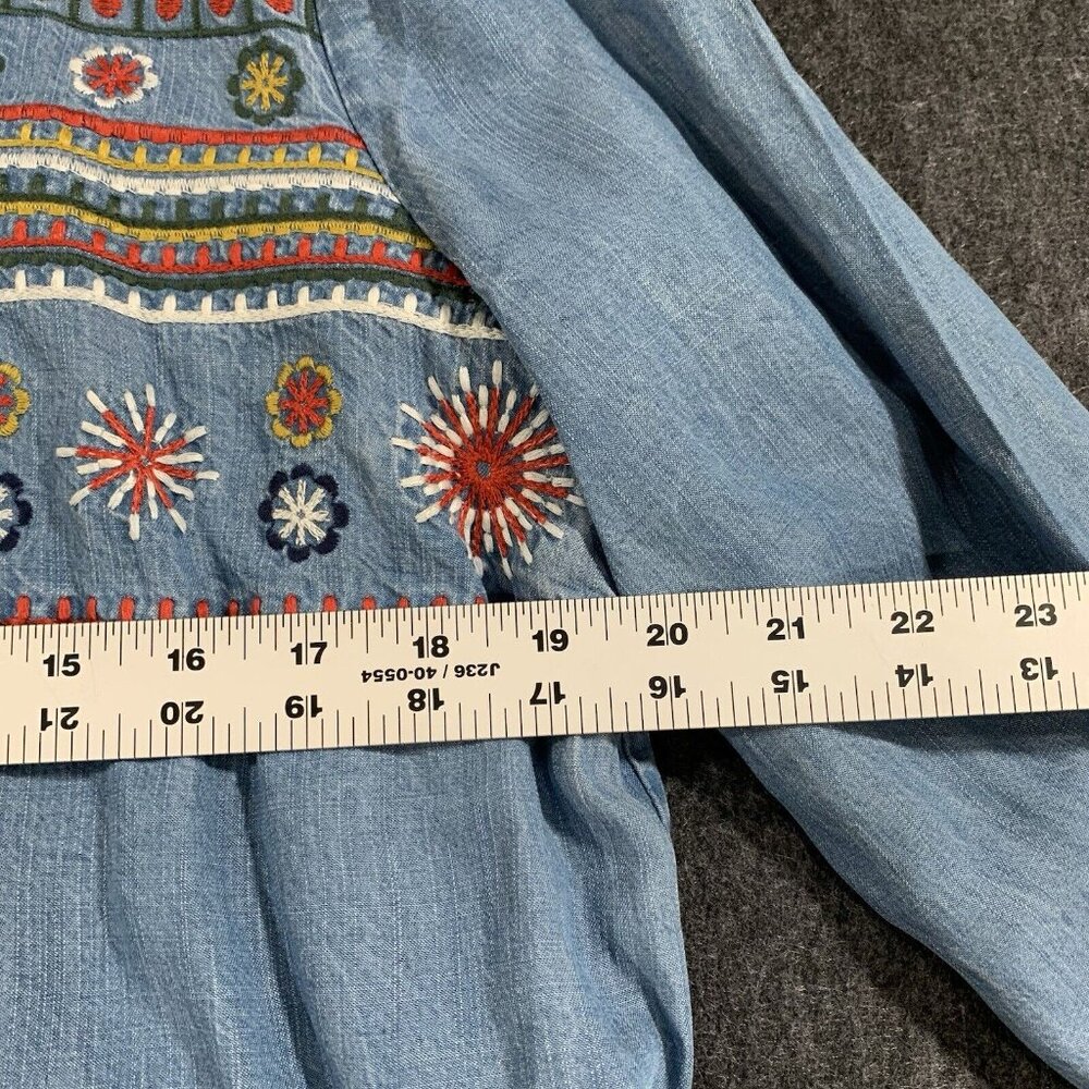 Chelsea & Theodore denim shirt dress boho embroidered size L colorful E12 - Picture 4 of 9
